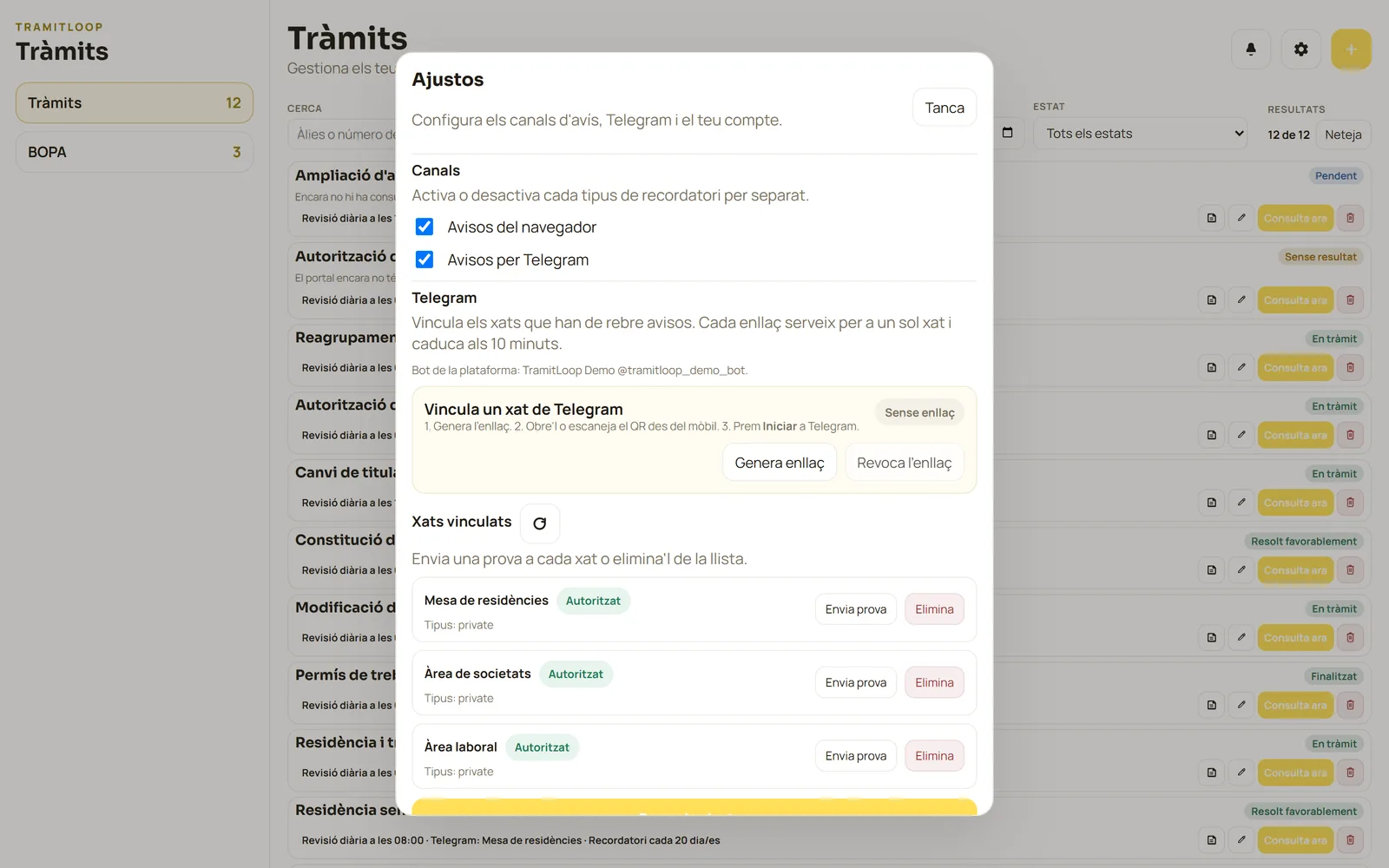 Ajustos: Canals d'avís i xats de Telegram vinculats.