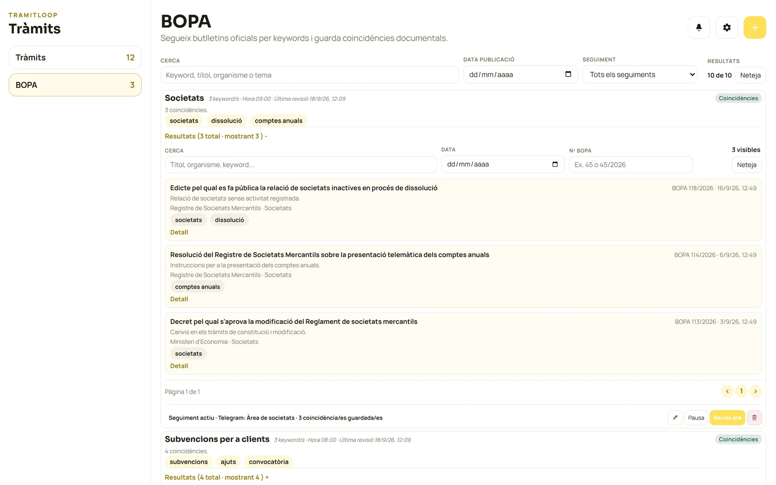 Els seguiments del BOPA amb les publicacions que coincideixen amb les paraules clau de cadascun